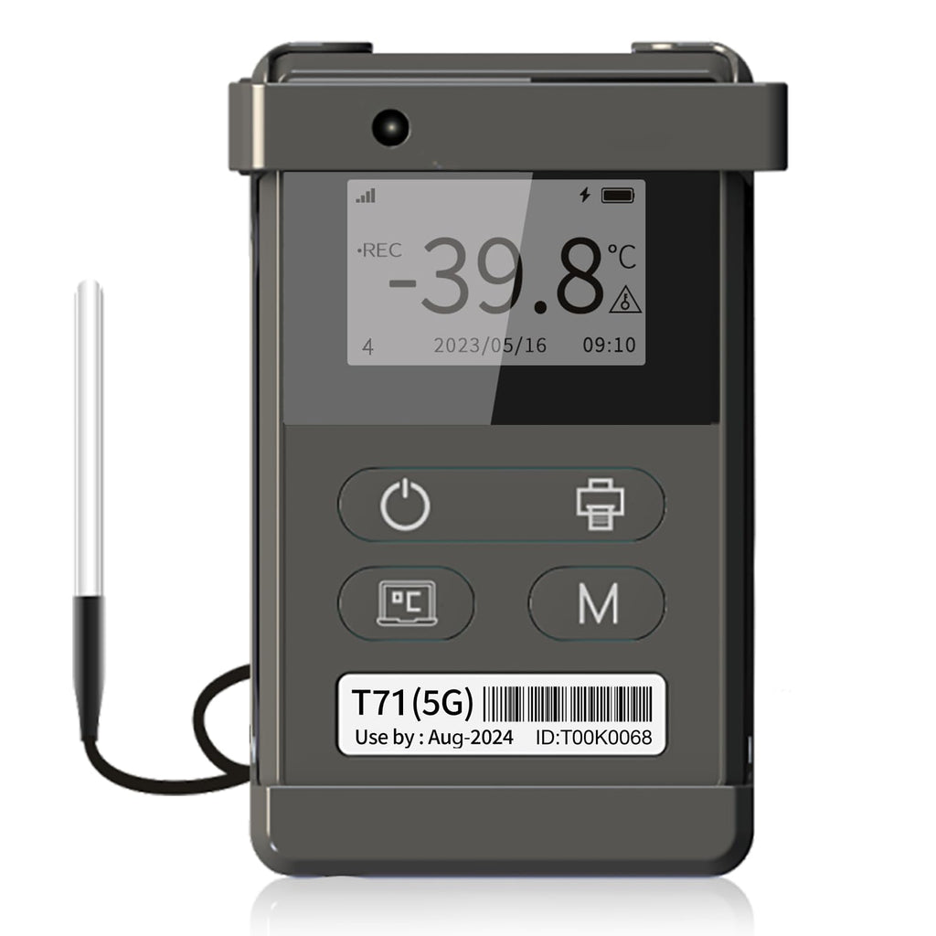 Frigga T71 4G/5G Reusable Real-Time Temperature Data Logger with External Sensor Remote Temperature Monitor Digital Refrigerator Thermometer Rechargeable 24/7 Monitoring & Instant Alerts