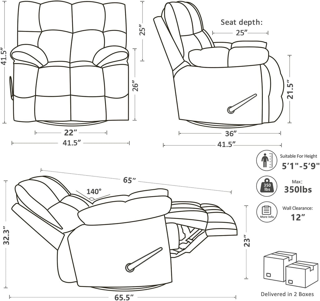 Oversized Recliner Chair, Overstuffed Swivel Rocker with Extra Wide Seat & Breathable Fabric for Living Room (Manual, White)