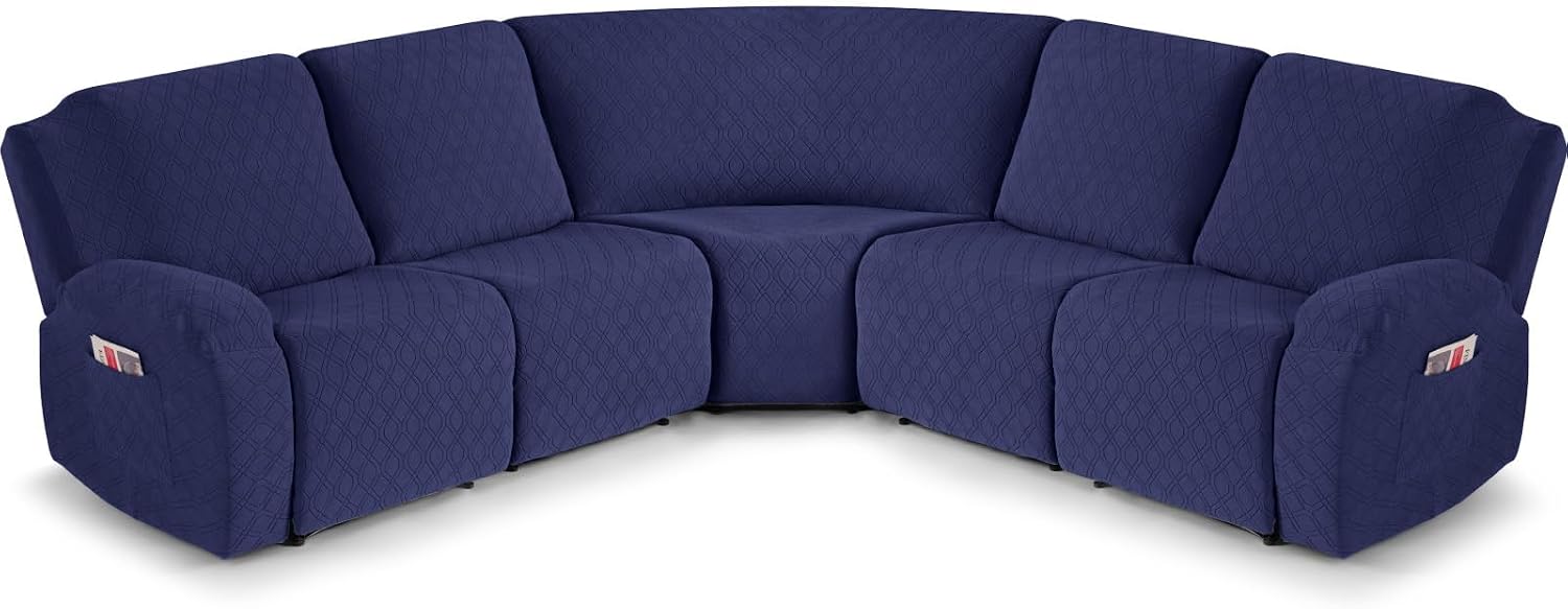 VANSOFY Extra Large Reclining Sectional Couch Covers, Washable 5-Piece Sofa Covers for L Shape Sectional Sofa Corner Seater, Thick, Soft Sofa Slipcovers (5 Seat Recliner Cover, Navy Blue)