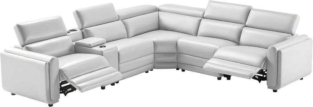 Amerlife Power Recliner Sectional Sofa, Reclining Sofa with Storage/USB Port, Leather Recliner Sofa with Adjustable Headrest, 5-Seat Reclining Sectional Couches with Console and Cup Holder, Light Grey