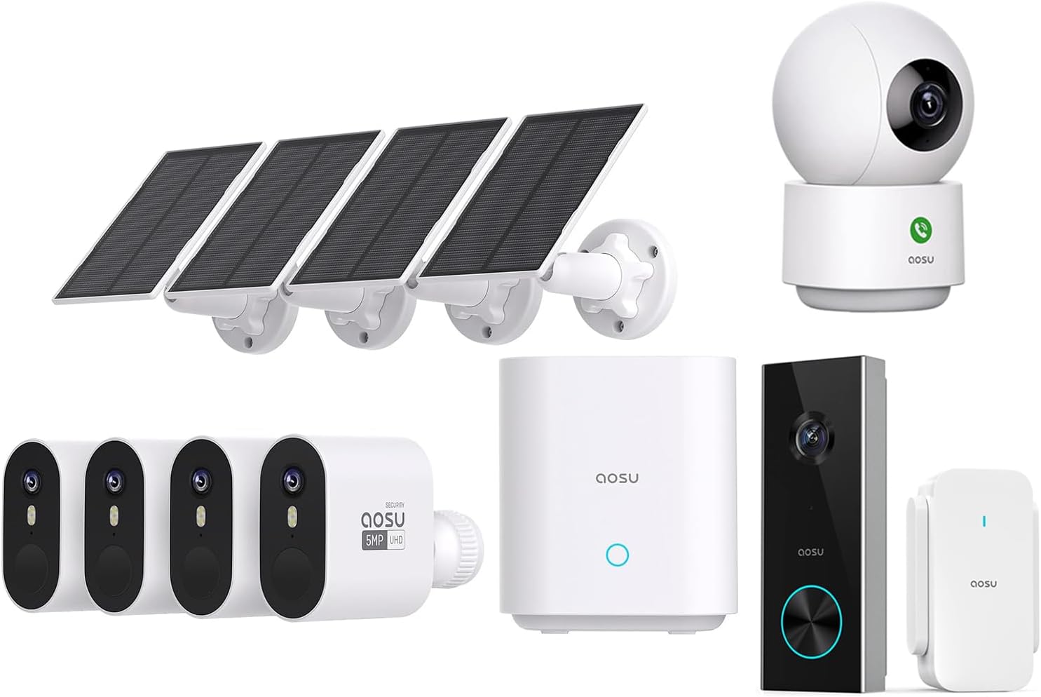 aosu 5MP SolarCam Max System 4-Cam-Kit + 3MP Doorbell Camera + 3MP Indoor Camera (aosuBase are not Compatible with Each Other, Independent)