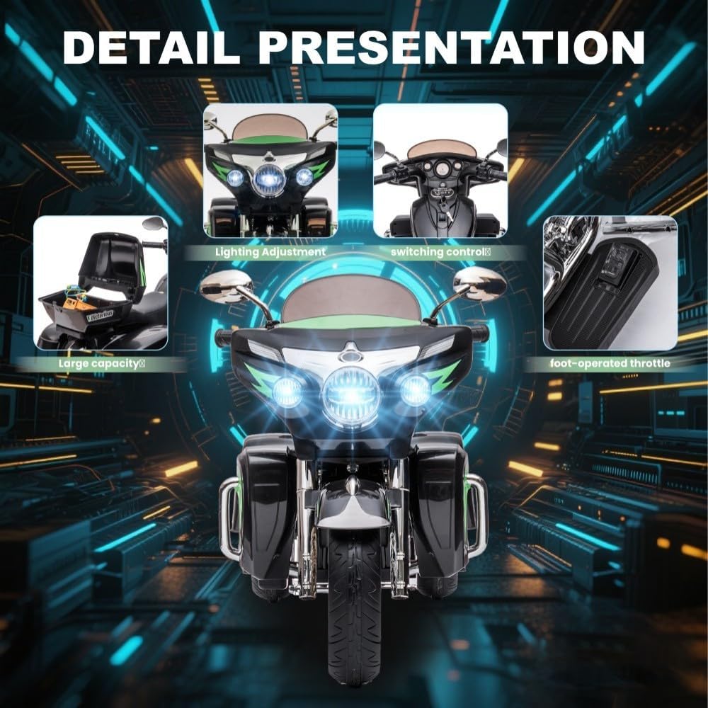 Kids Motorcycle | 12V Electric Motorcycle for Kids Ages 3-8 | 2-Seat, 3-Wheel Toy Car with Bluetooth, LED Lights | Safe Toy Vehicle Gift (Black)