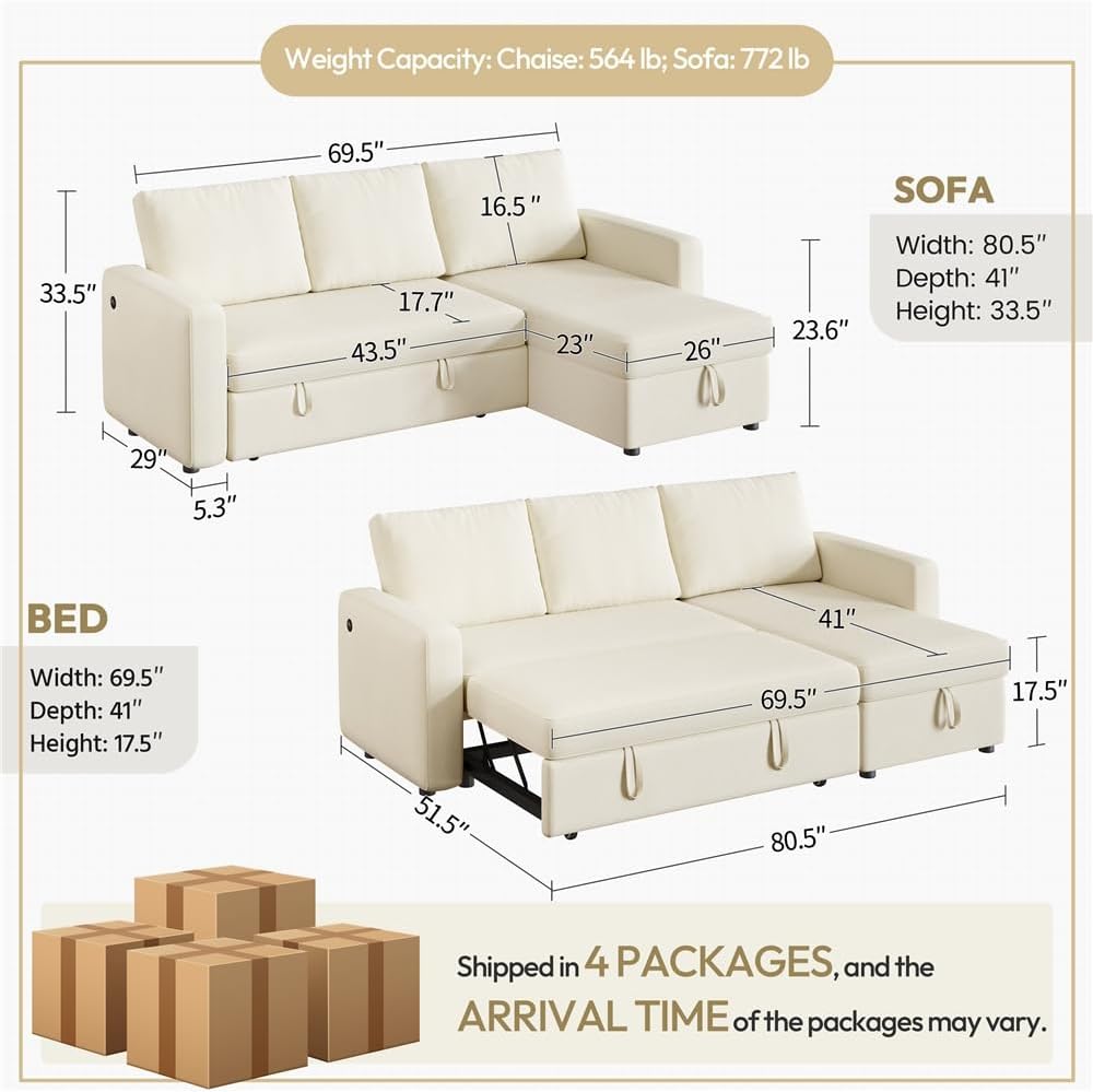 Yaheetech Sectional Sofa L-Shaped Sofa Couch Bed w/Chaise & USB, Reversible Couch Sleeper w/Pull Out Bed & Storage Space Living Room Beige