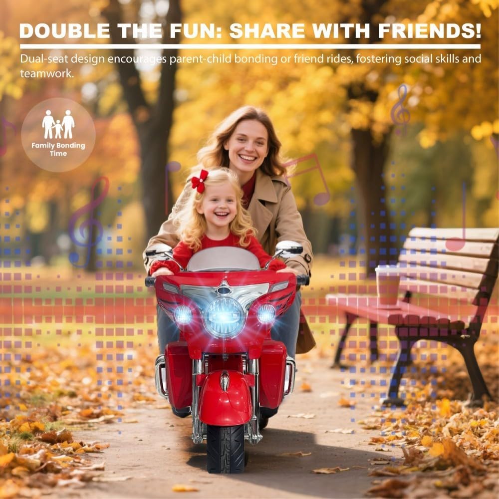 Kids Motorcycle | 12V Electric Ride-On Motorcycle for Kids Ages 3-8 | 2-Seat, 3-Wheel Toy Car with Bluetooth, LED Lights | Safe Toy Vehicle Gift (Red)