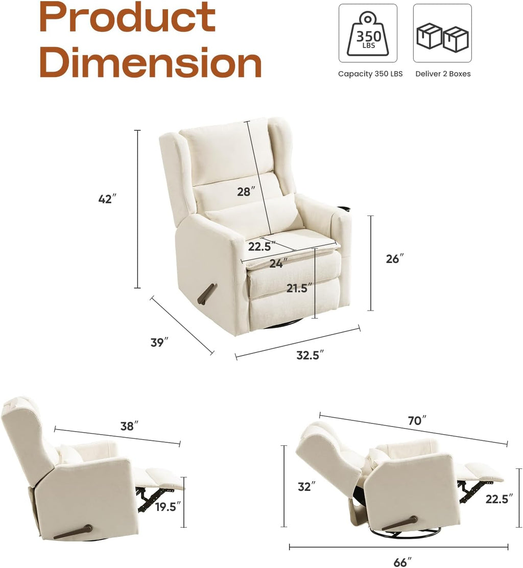 Rocking Chair Nursery with Adjustable Headrest,Comfy Swivel Rocker Recliner with Lumbar Support, Manual Nursery Chair Rocker Recliner with Cup Holder and Side Pockets, White