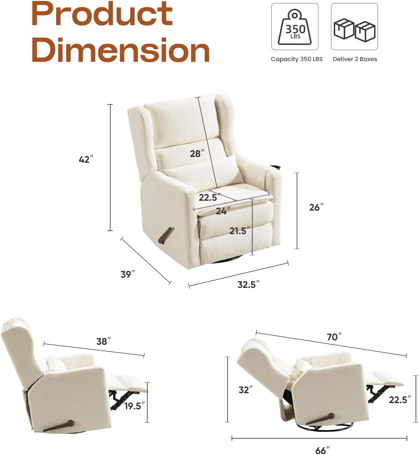 Rocking Chair Nursery with Adjustable Headrest,Comfy Swivel Rocker Recliner with Lumbar Support, Manual Nursery Chair Rocker Recliner with Cup Holder and Side Pockets, White