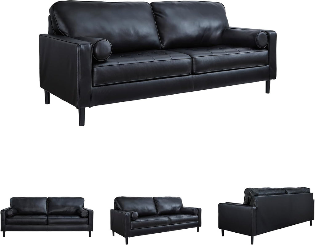 Signature Design by Ashley Bryceview Contemporary Leather Match Tufted Sofa with 2 Bolster Pillows, Black