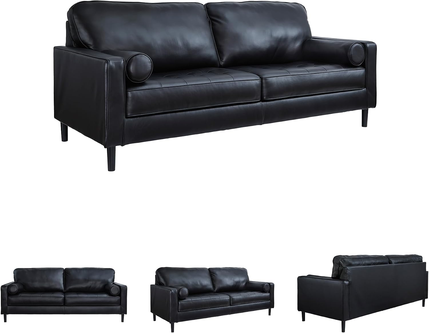 Signature Design by Ashley Bryceview Contemporary Leather Match Tufted Sofa with 2 Bolster Pillows, Black