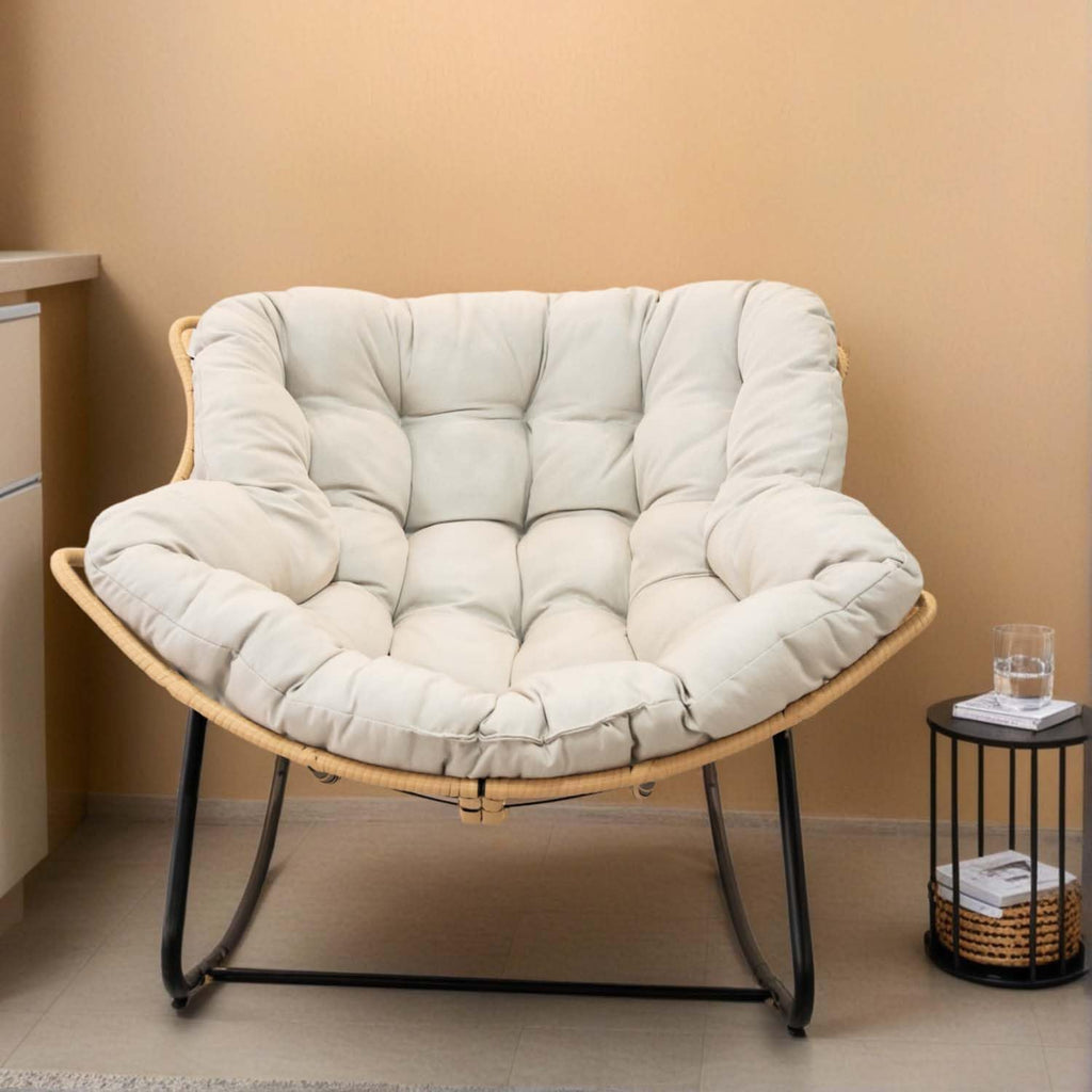 Oversized Papasan Rocking Chair Outdoor/Indoor, Boho Egg Wicker Recliner with Thick Cushion, Versatile Comfy Garden Seating Chairs for Living Room, Bedroom, Balcony, Patio (Beige+Black)