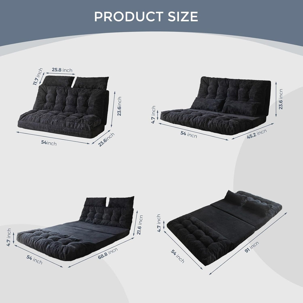MAXYOYO Folding Sofa Bed, Tufted Bean Bag Bed with Pillows Floor Mattress for Adults, Extra Thick and Long Floor Sofa, Full Floor Couch Bed for Bedroom Living Room, Black, 54x91 Inch