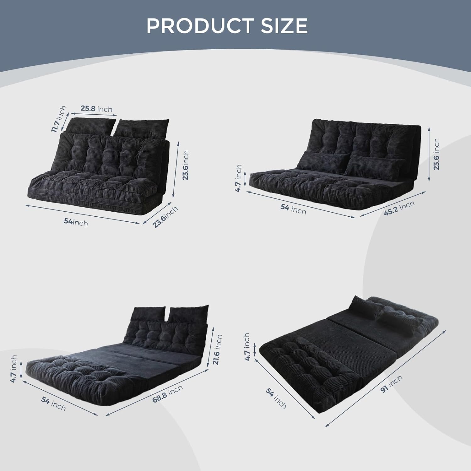 MAXYOYO Folding Sofa Bed, Tufted Bean Bag Bed with Pillows Floor Mattress for Adults, Extra Thick and Long Floor Sofa, Full Floor Couch Bed for Bedroom Living Room, Black, 54x91 Inch