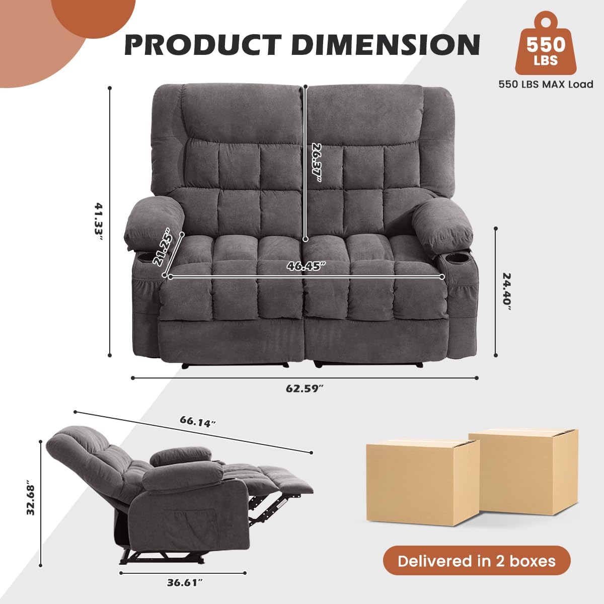 MAHOMICO Recliner Loveseat with Cup Holders for Living Room Love Seat Manual Oversized Recliner with Ergonomic, Side Pocket for Adult