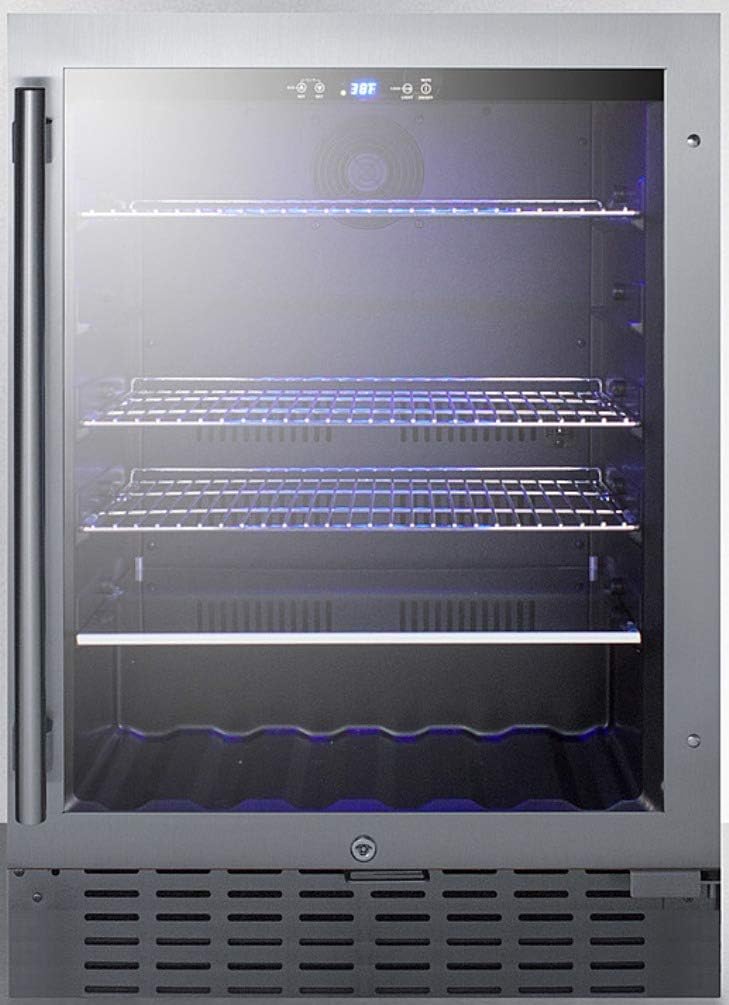 Summit Appliance SCR2466BCSS 24' Wide Built-In Beverage Cooler; 4.2 cu.ft. Capacity; Seamless Stainless Steel Trimmed Glass Door; Auto Defrost; Front Lock and Stainless Steel Cabinet