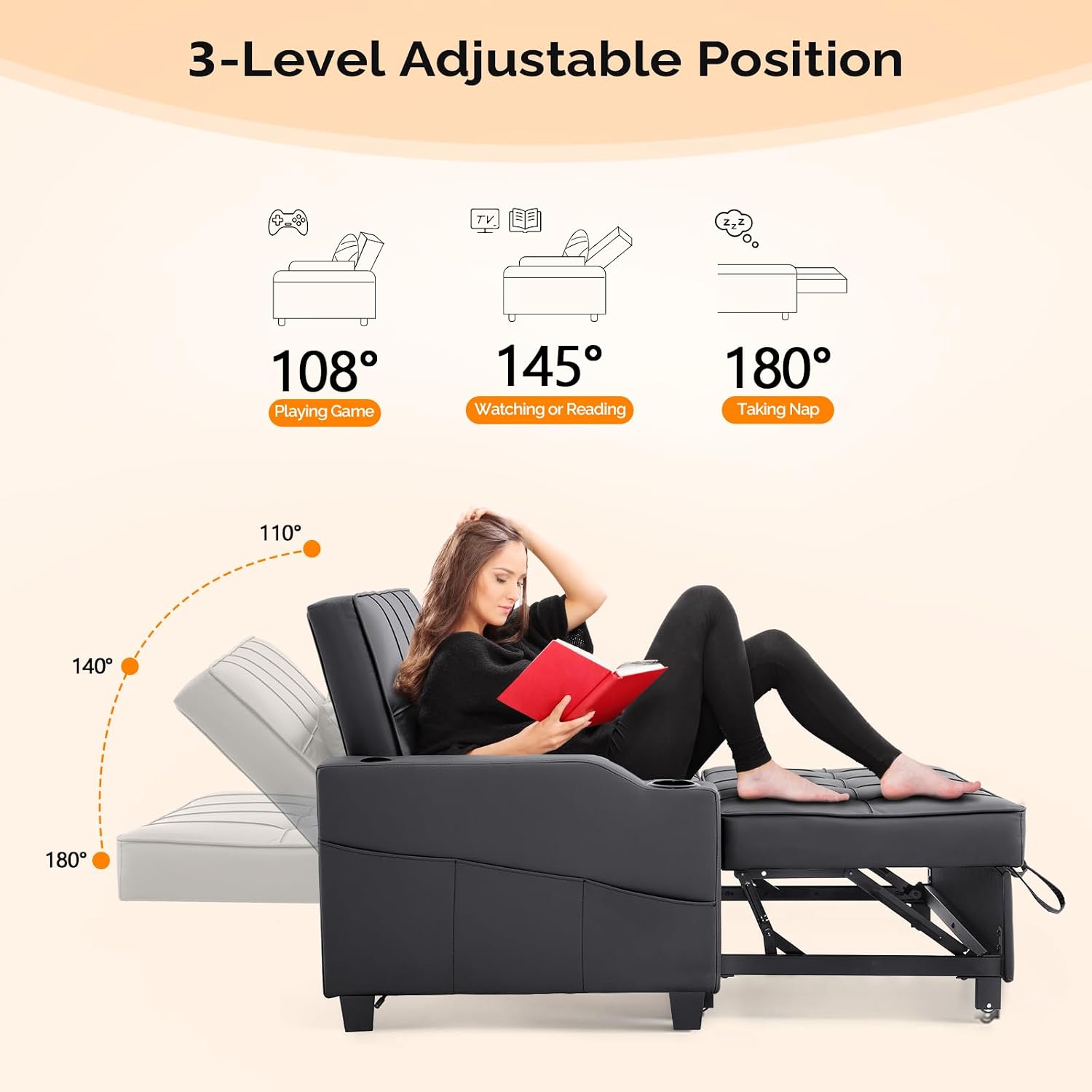 VINGLI Black Futon Sofa Bed Convertible Loveseat Sleeper Couch, Faux Leather Pullout Sofa Fold Out Couch Bed with USB Ports, Cup Holders, Armrest for Living Room, Bedroom Apartment Room