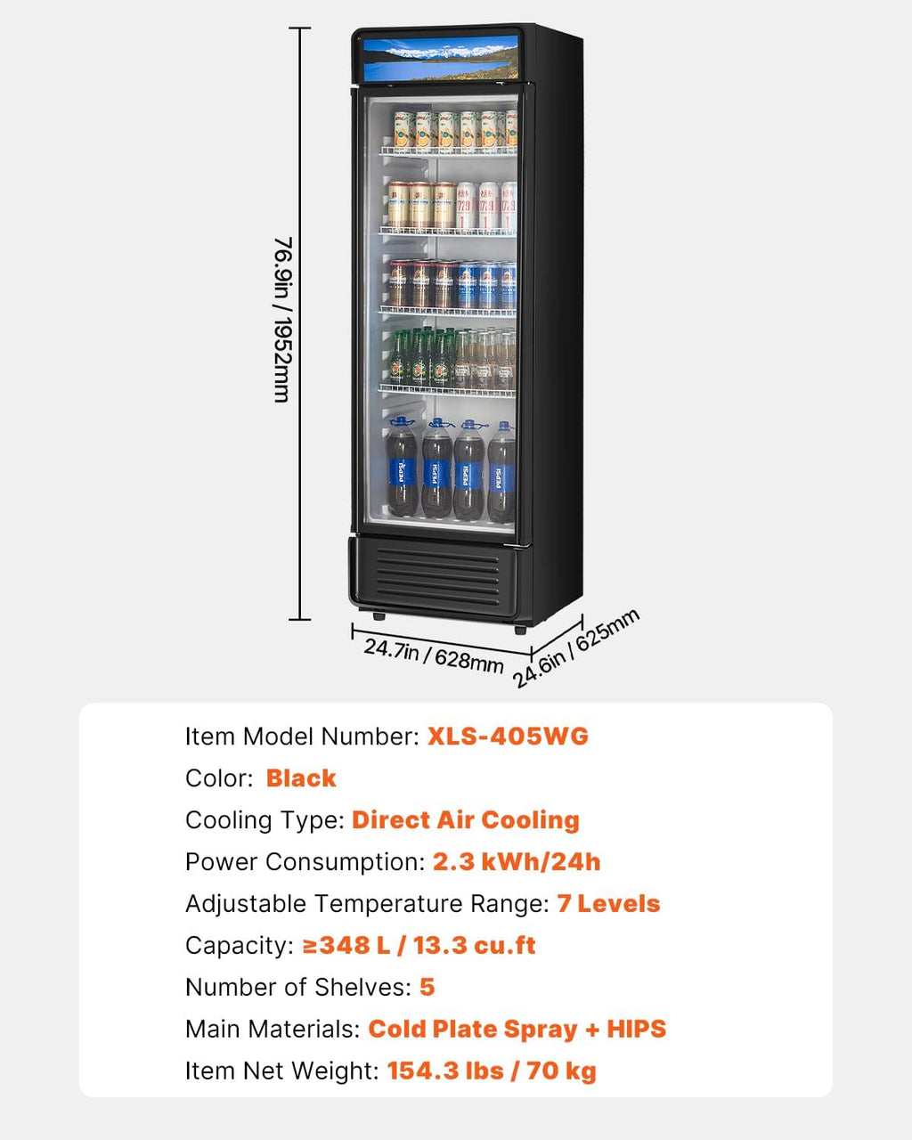 VEVOR Commercial Merchandiser Refrigerator, 13.3 CU.FT Glass Door Display Refrigerator, Beverage Cooler Merchandiser with Adjustable Shelves, Soft LED Light, Customizable Lightbox, Black