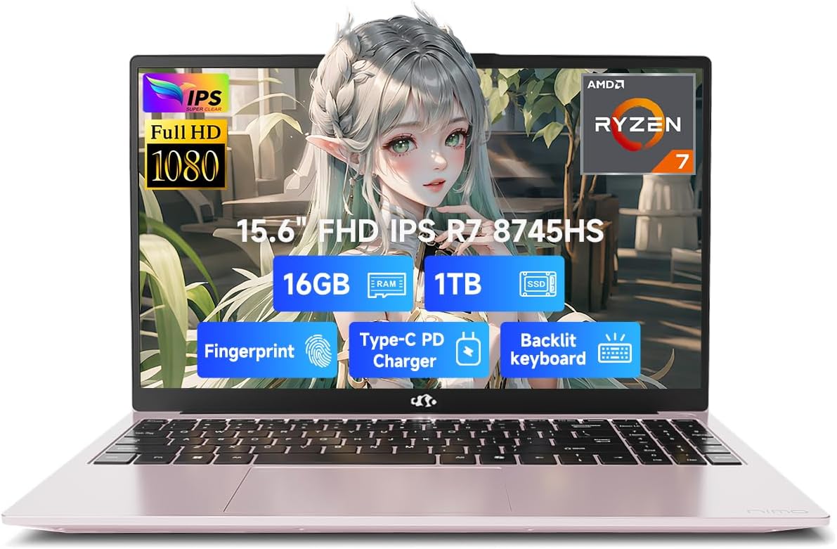NIMO 15.6' IPS FHD-Gaming-Laptop, AMD Ryzen 7 8745HS 16GB DDR5 RAM 1TB SSD (8C/16T, up to 4.9GHz) Radeon 780M Graphics Business Computer with 100W Type-C Backlit Keyboard, Fingerprint USB-C 4.0