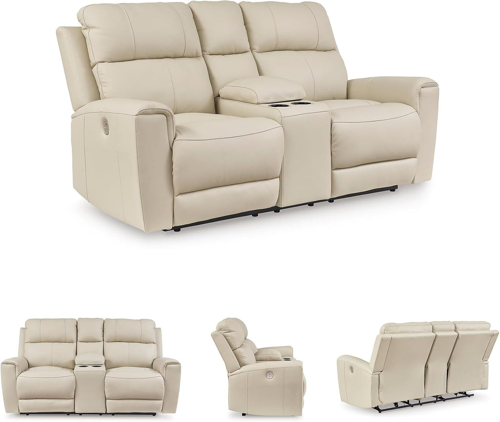 Signature Design by Ashley Dahlmoore Contemporary Leather Match Power Reclining Loveseat with Console and USB Ports, Beige