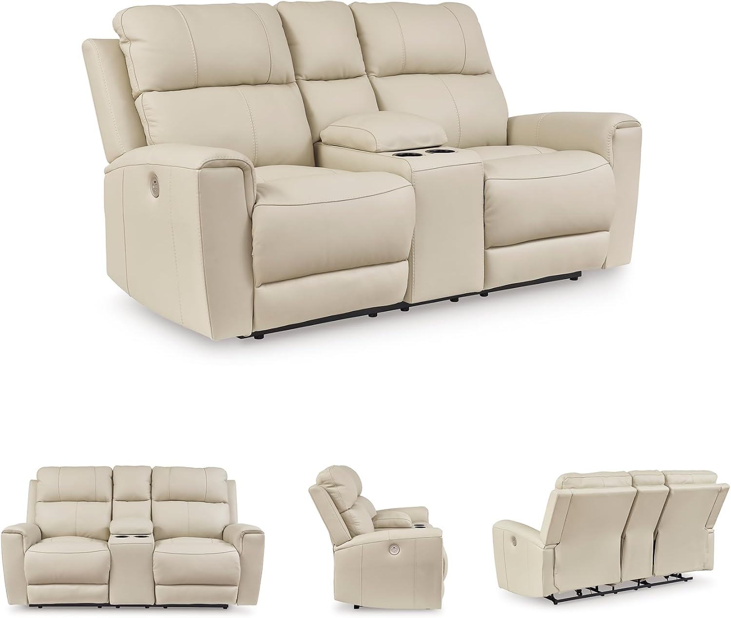Signature Design by Ashley Dahlmoore Contemporary Leather Match Power Reclining Loveseat with Console and USB Ports, Beige