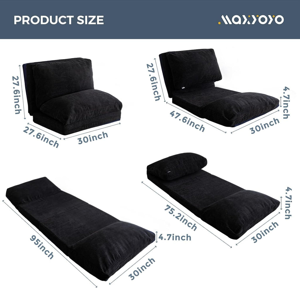 MAXYOYO Folding Sofa Bed, Extra Thick and Long Floor Sofa Convertible Sleeper Chair with Washable Cover, Floor Couch Lounge Bean Bag Bed for Living Room, Black, 30'x95'
