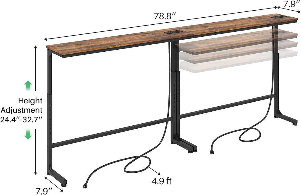 Kitstorack 2-Pack Rustic Brown Console Table, 7.9' Deep Panel, Adjustable Height (25'-33') & Built-in Power Outlets, Behind Sofa Couch, Includes 4.9' Power Cord - 78.8' Total Long