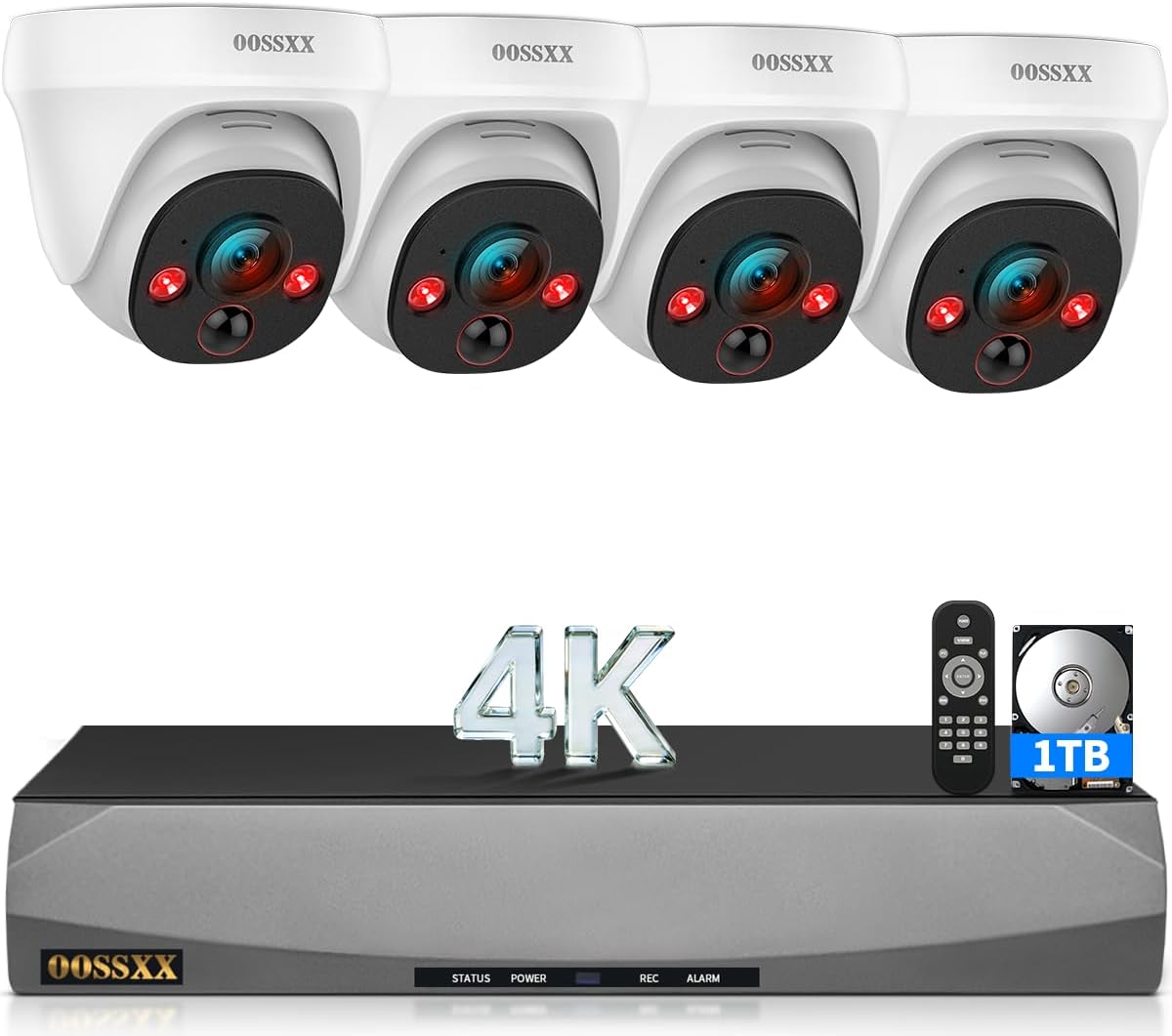 OOSSXX (2026 New) 4K PoE Security Camera System, 8CH 4K NVR with 1TB HDD, 4pcs 8MP Dome Cameras Outdoor Indoor, 130° Wide Angle, 2-Way Audio, AI Human/PIR Detection, No Monthly Fee
