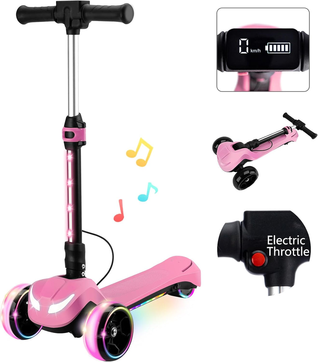 24V Electric Scooter for Kids w/150W Powerful Motor, Thumb Throttle, LCD Screen, Bluetooth, Light-Up Stem Deck & Wheels, 3 Adjustable Heights, 5MPH Safe Speed, 3 Wheel Electric Scooter for Kids