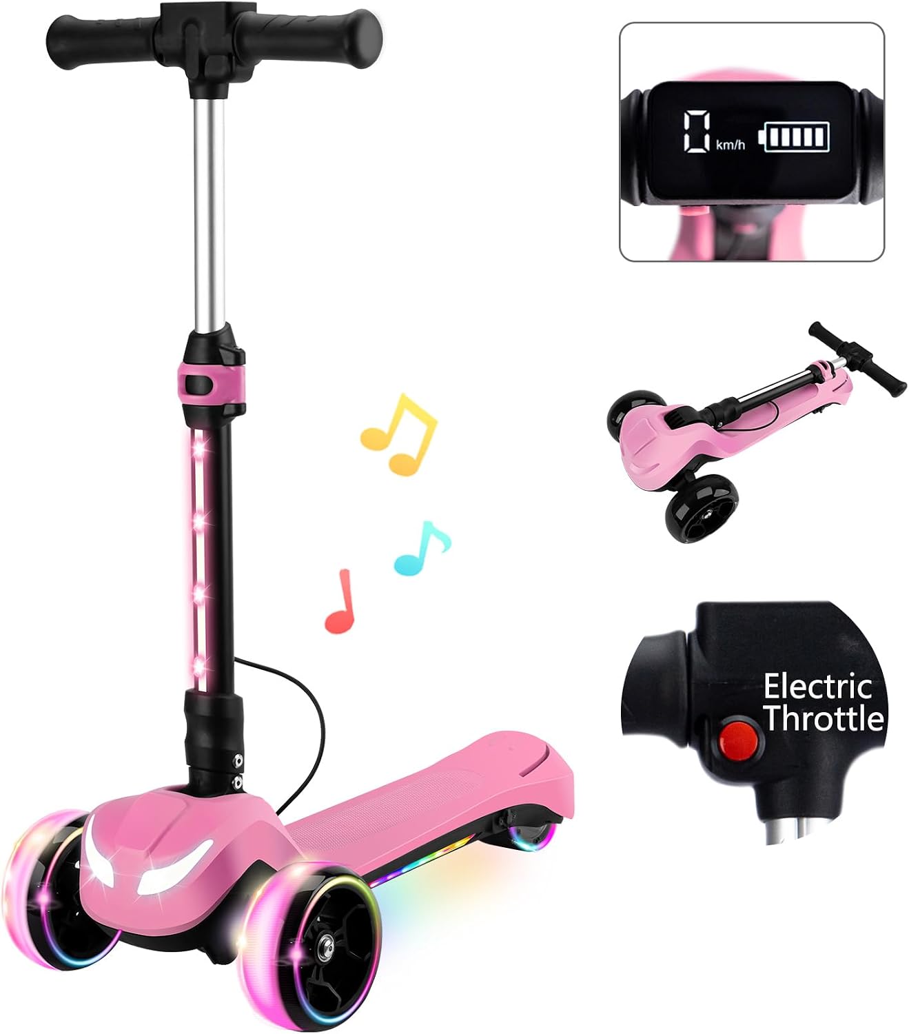 24V Electric Scooter for Kids w/150W Powerful Motor, Thumb Throttle, LCD Screen, Bluetooth, Light-Up Stem Deck & Wheels, 3 Adjustable Heights, 5MPH Safe Speed, 3 Wheel Electric Scooter for Kids