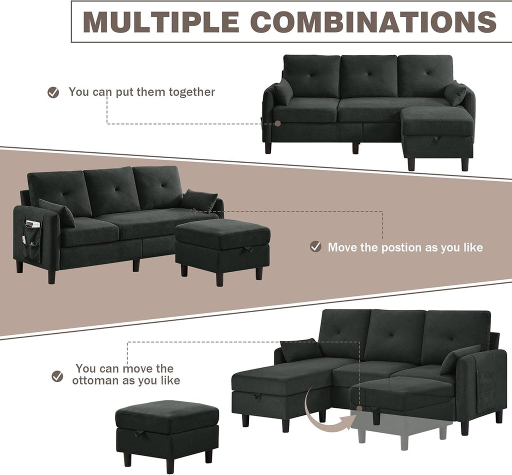 Convertible Sectional Sofa, 77' Small L Shaped 3 Seat Couch with Reversible Storage Chaise, Modern Polyester Fabric Sofa Couches for Living Room, Apartment and Small Space, Black