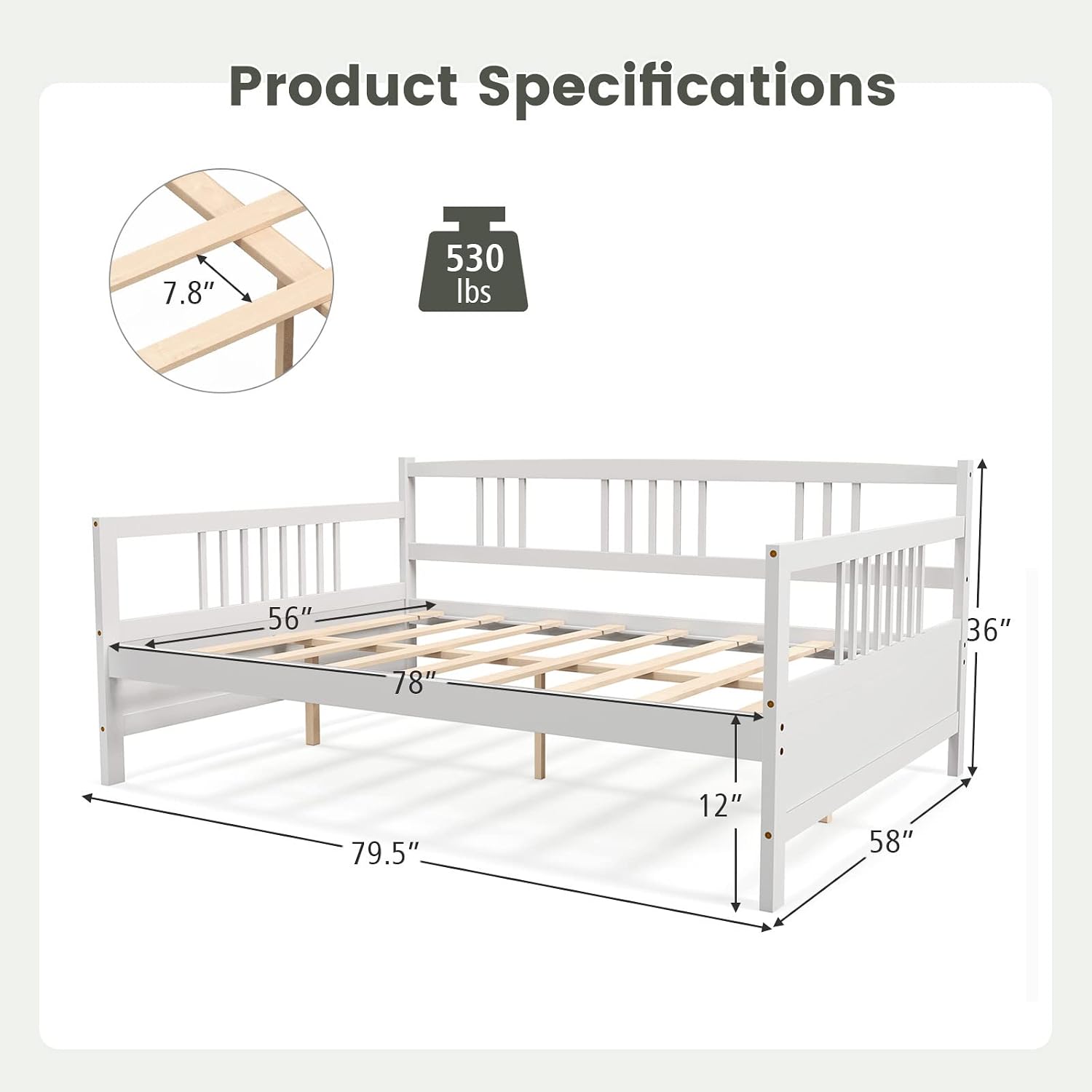 Giantex Full Size Daybed, Wooden Daybed Sofa Bed Frame with Wood Slat Support for Kids Teens, Multi-Functional Day Bed for Living Room Bedroom Guest Room, No Box Spring Needed, White