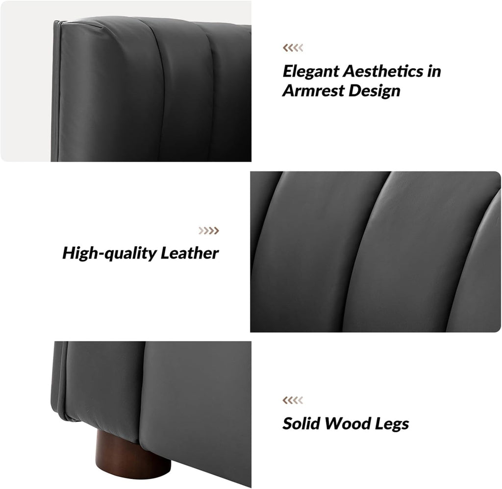 HULALA HOME 83' Genuine Leather Sofa with Channel Tufted Design, 3-Seater Sofa for Living Room Bedroom, Modern Oversized Couch with Wood Legs, Charcoal
