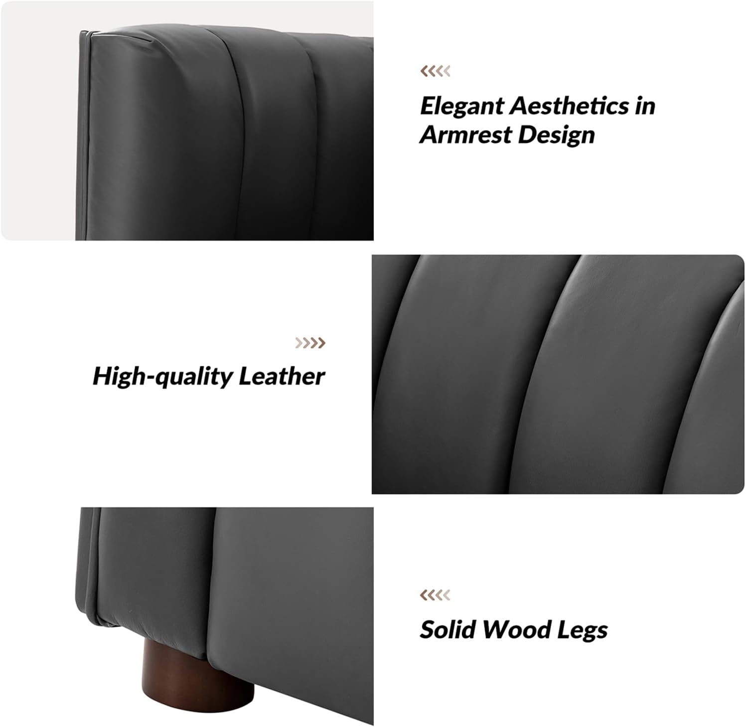 HULALA HOME 83' Genuine Leather Sofa with Channel Tufted Design, 3-Seater Sofa for Living Room Bedroom, Modern Oversized Couch with Wood Legs, Charcoal