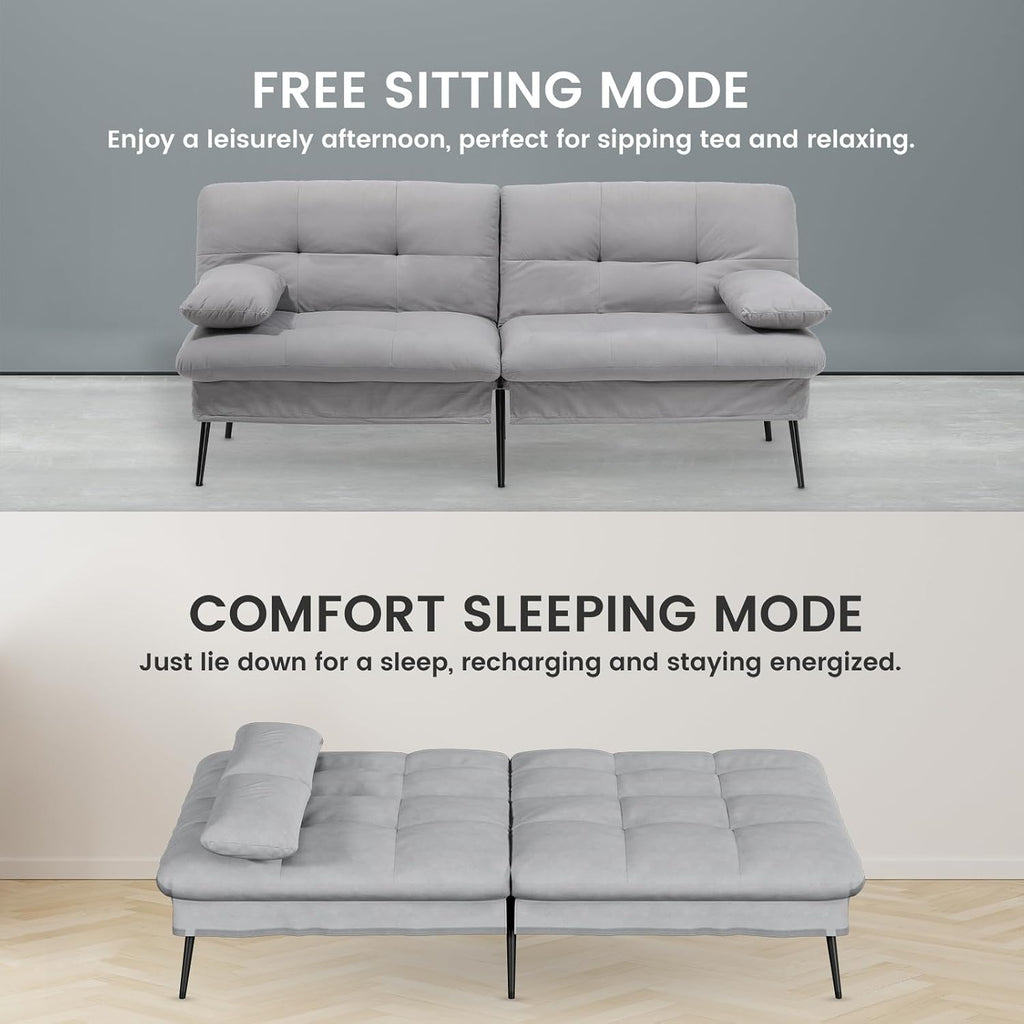 COMHOMA Convertible Futon Sofa Bed, 72″Fabric Futons Couch with Adjustable Backrest, Folding Sleeper Recliner for Living Room Furniture (Grey)