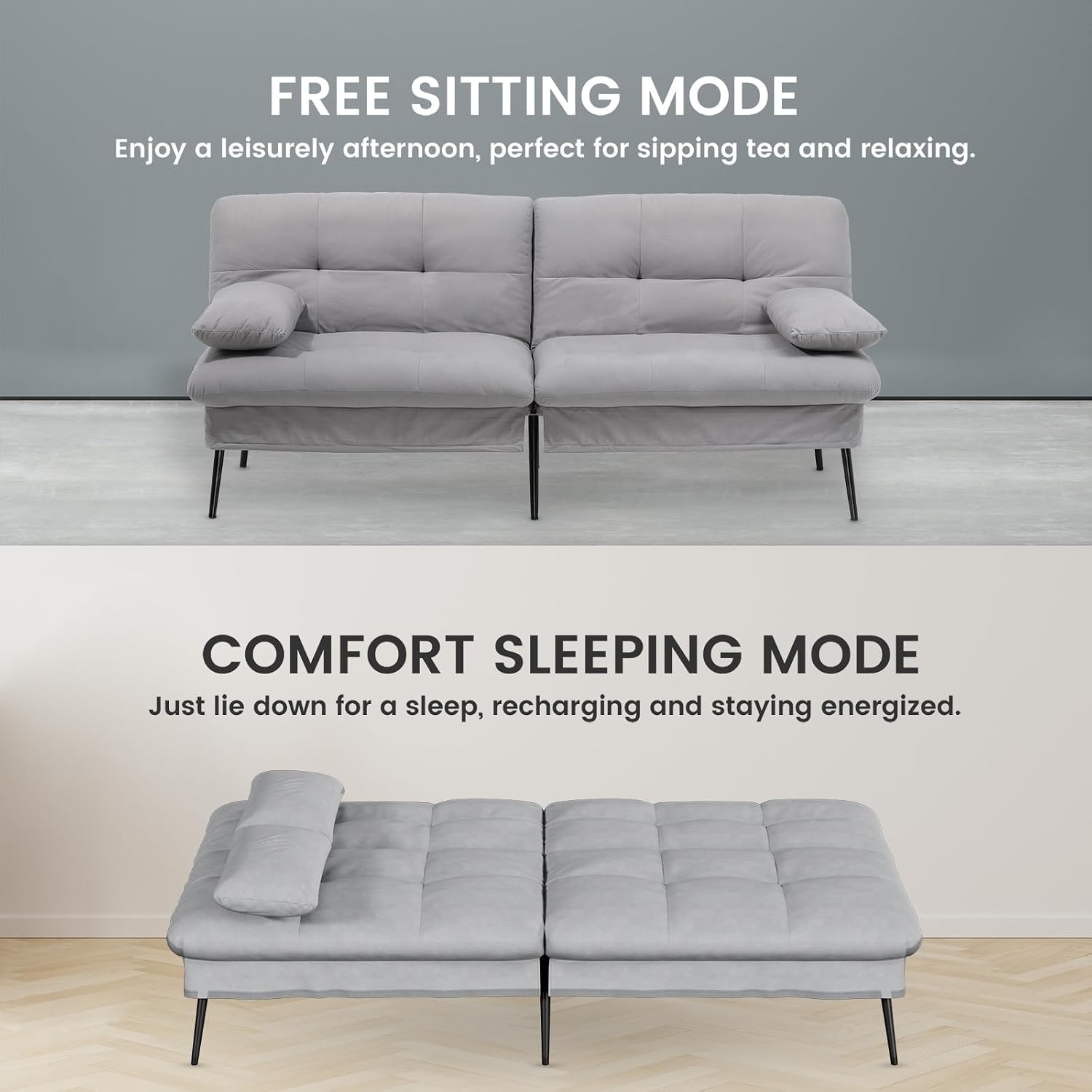COMHOMA Convertible Futon Sofa Bed, 72″Fabric Futons Couch with Adjustable Backrest, Folding Sleeper Recliner for Living Room Furniture (Grey)