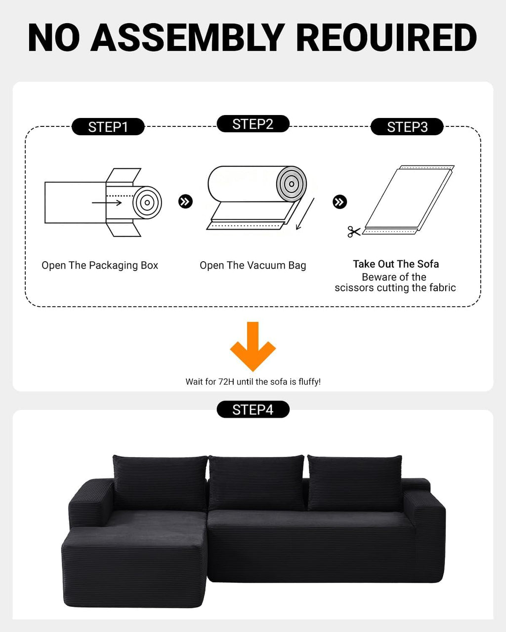 96 Inch Cloud Sectional Couch,Modern Modular Sectional Sofa with Deep Seat,Corduroy Boneless Couches with L-Shape Chaise for Living Room Bedroom,No Assembly Required (Black, Left Facing Chaise)
