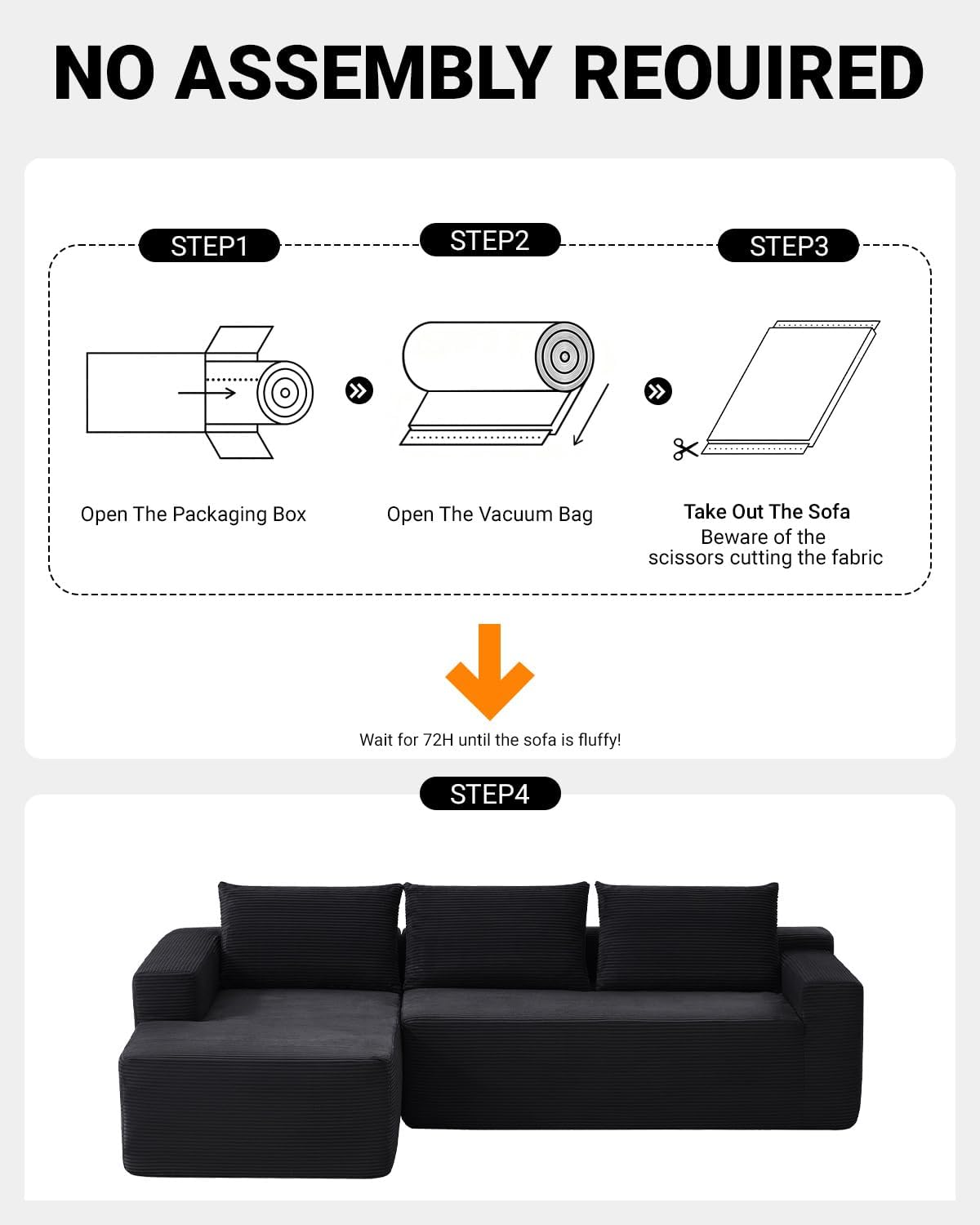 96 Inch Cloud Sectional Couch,Modern Modular Sectional Sofa with Deep Seat,Corduroy Boneless Couches with L-Shape Chaise for Living Room Bedroom,No Assembly Required (Black, Left Facing Chaise)