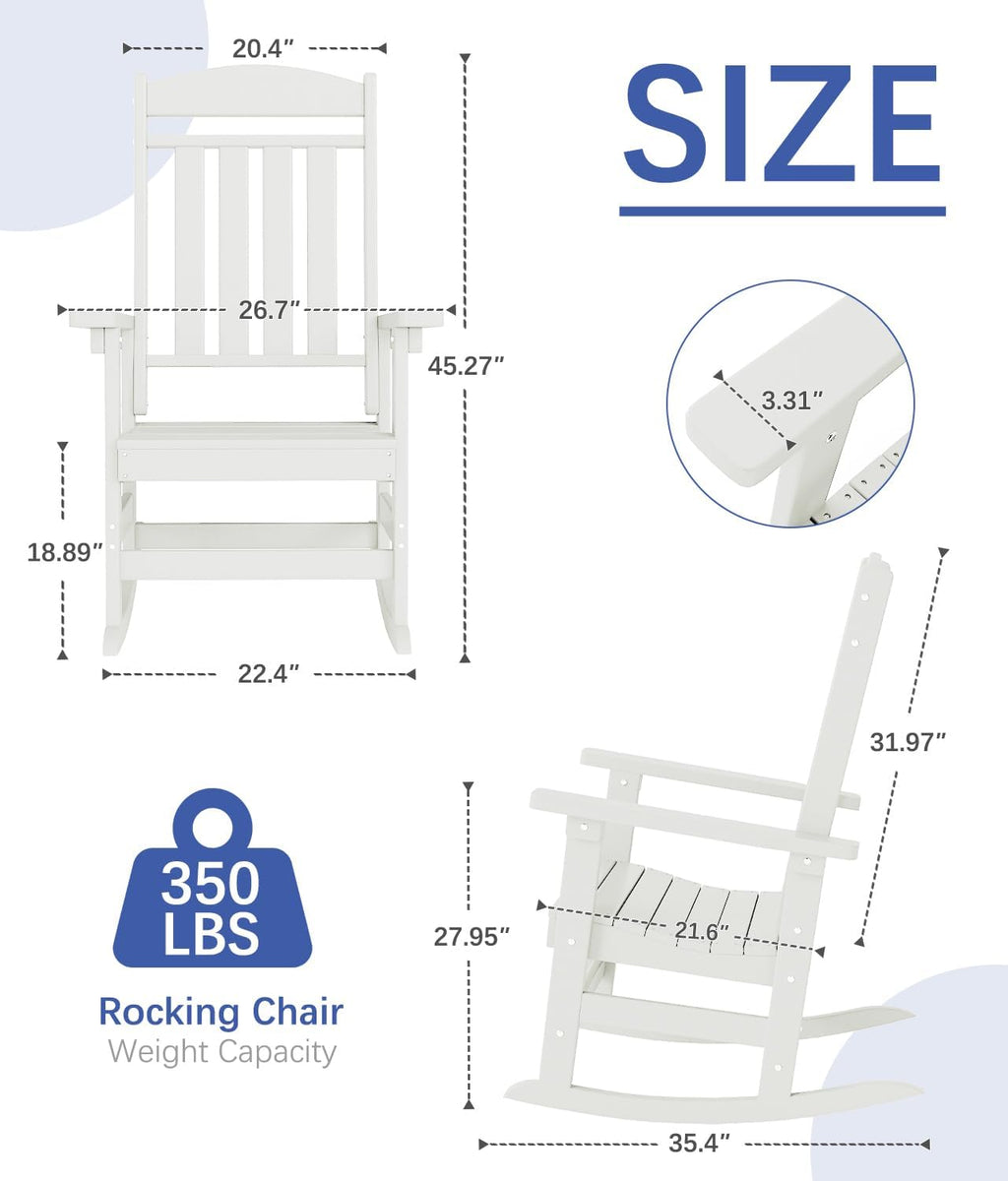 FOOWIN 3-Piece Outdoor Rocking Chairs Set, High Back Patio Rocker with Side Table, HDPE All Weather Resistant Oversized Rocking Chairs for Indoors, Porch, Patio, Backyard, White