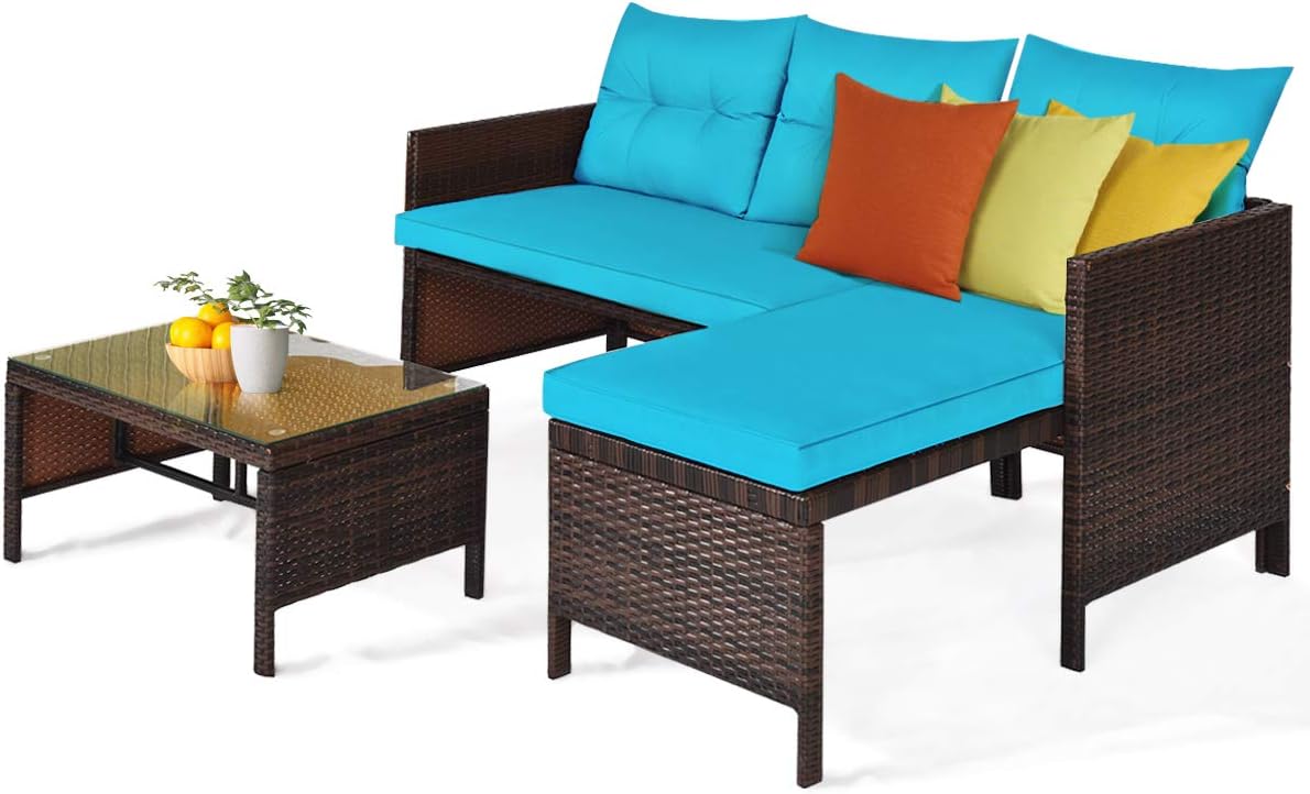 Tangkula Patio Corner Sofa Set 3 Piece, Outdoor Rattan Sofa Set, Includes Lounge Chaise, Loveseat & Coffee Table, Patio Garden Poolside Lawn Backyard Furniture