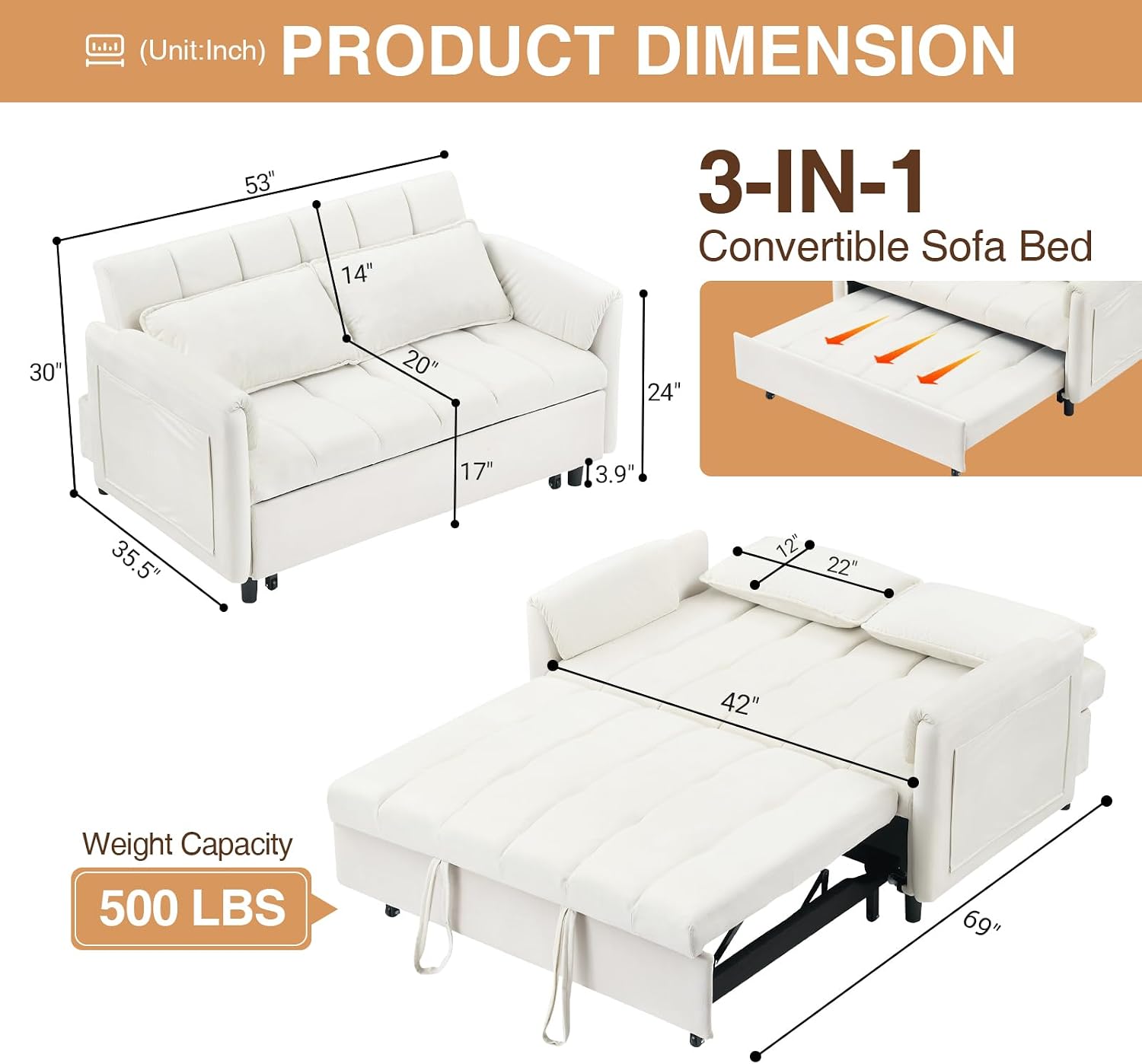 CAPCAEK 3 in 1 Convertible Sleeper Sofa Bed, Modern Velvet Loveseat Pull-Out Couch w/Pullout Bed, Small Love Seat Lounge Sofa w/Reclining Backrest,Toss Pillows, Pockets, for Living Room