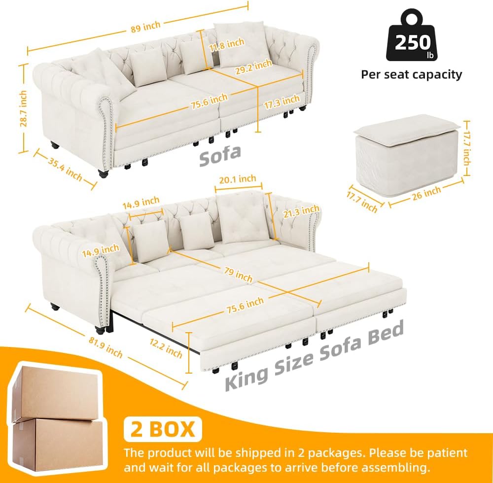 3 in 1 Oversized Chesterfield Loveseat Sofa Convertible Pull Out Sleeper Sofabed King Size Couch Bed w/Movable Ottoman and Nailhead Trim for Living Room Tufted Velvet Recliner Daybed Sofacama