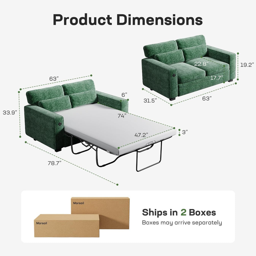 Marsail Pull Out Sofa Bed, Full Size Sleeper Sofa with Memory Foam Mattress, 2 USB Charging Ports & Removable Covers, Chenille Loveseat Couch for Living Room, Apartment, Green