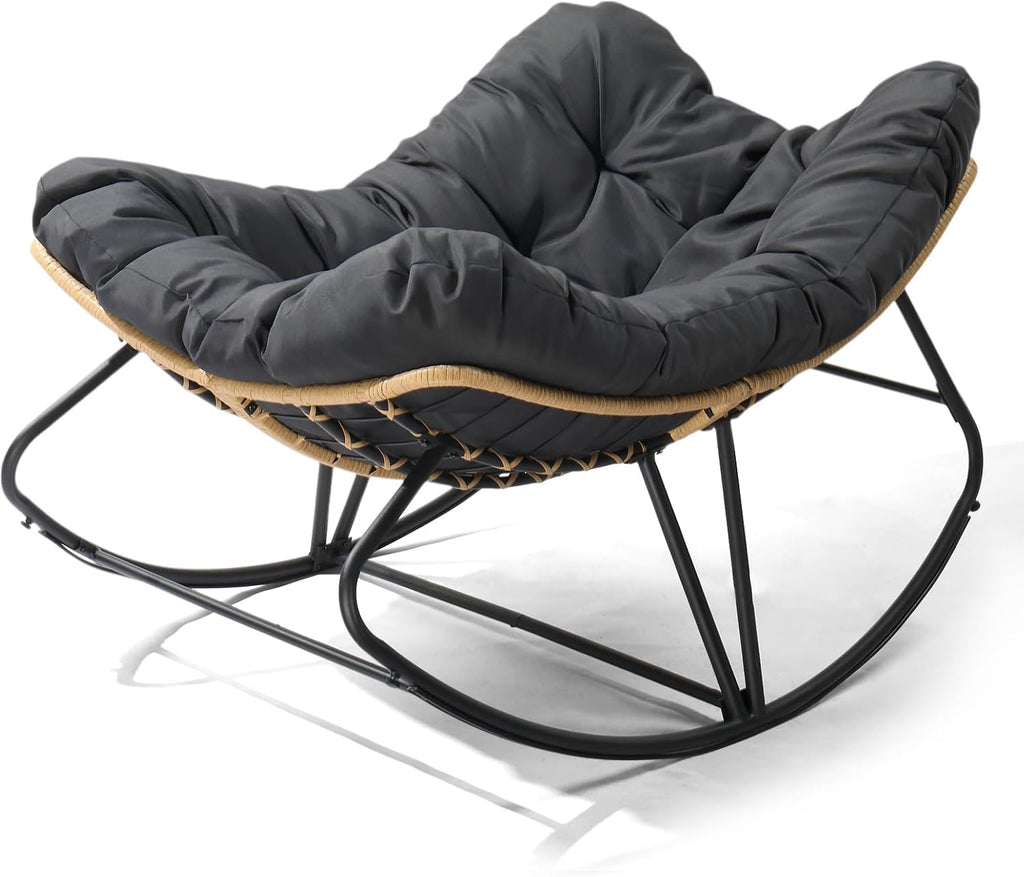 JOYBASE Outdoor Indoor Papasan Rocking Chair, Oversized Papasan Rocker with Cushion, Patio Wicker Comfy Egg Chair for Backyard Bedroom Living Room Lounge Reading (Dark Grey)