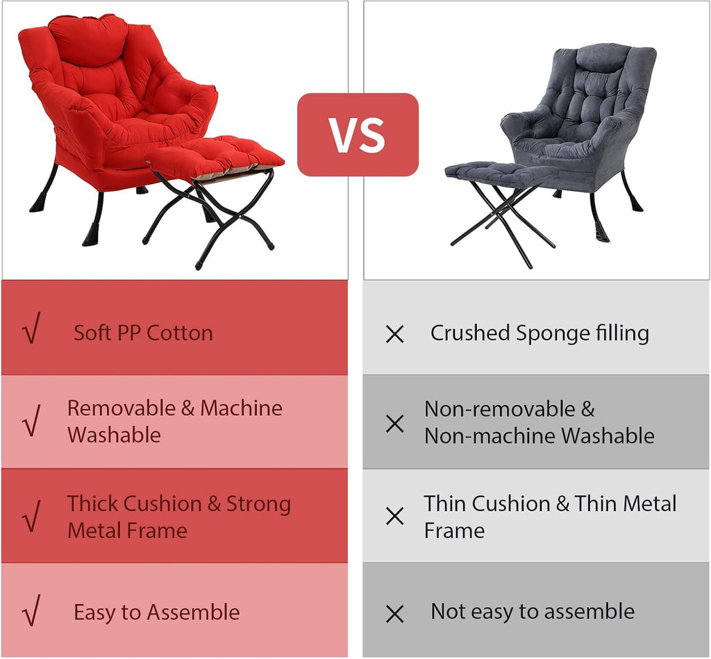 Furlide Lazy Chair with Ottoman, Modern Accent Chair with Armrests and a Side Pocket, Red Accent Chairs, Comfortable Reading Chairs, Oversized Armchairs for Bedroom, Study, Living Room, Courtyard