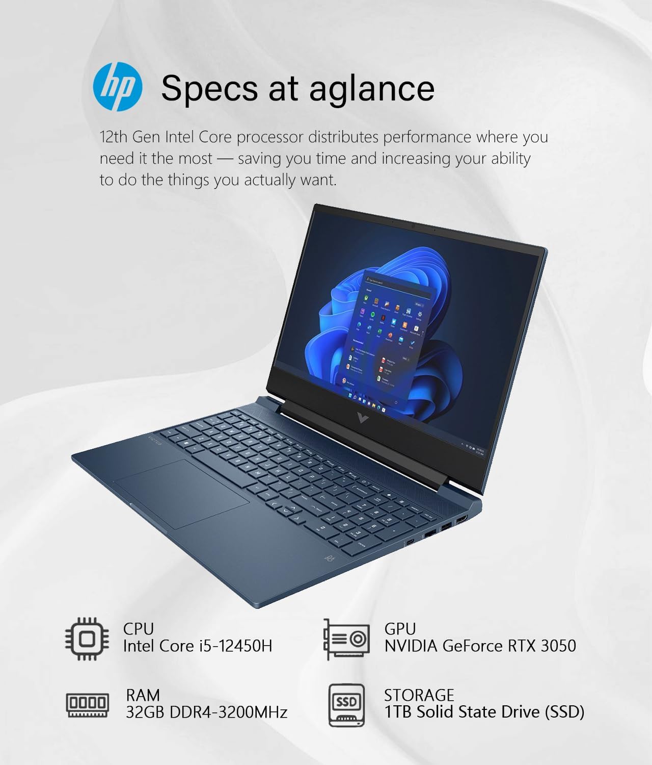 HP Victus 15.6' Full HD 144Hz Gaming Laptop, Intel Core i5-12450H, 32GB RAM, 1TB SSD, NVIDIA GeForce RTX 3050, Bluetooth, Wi-Fi, Backlit Keyboard, Win11, Performance Blue, W/GaLiMu
