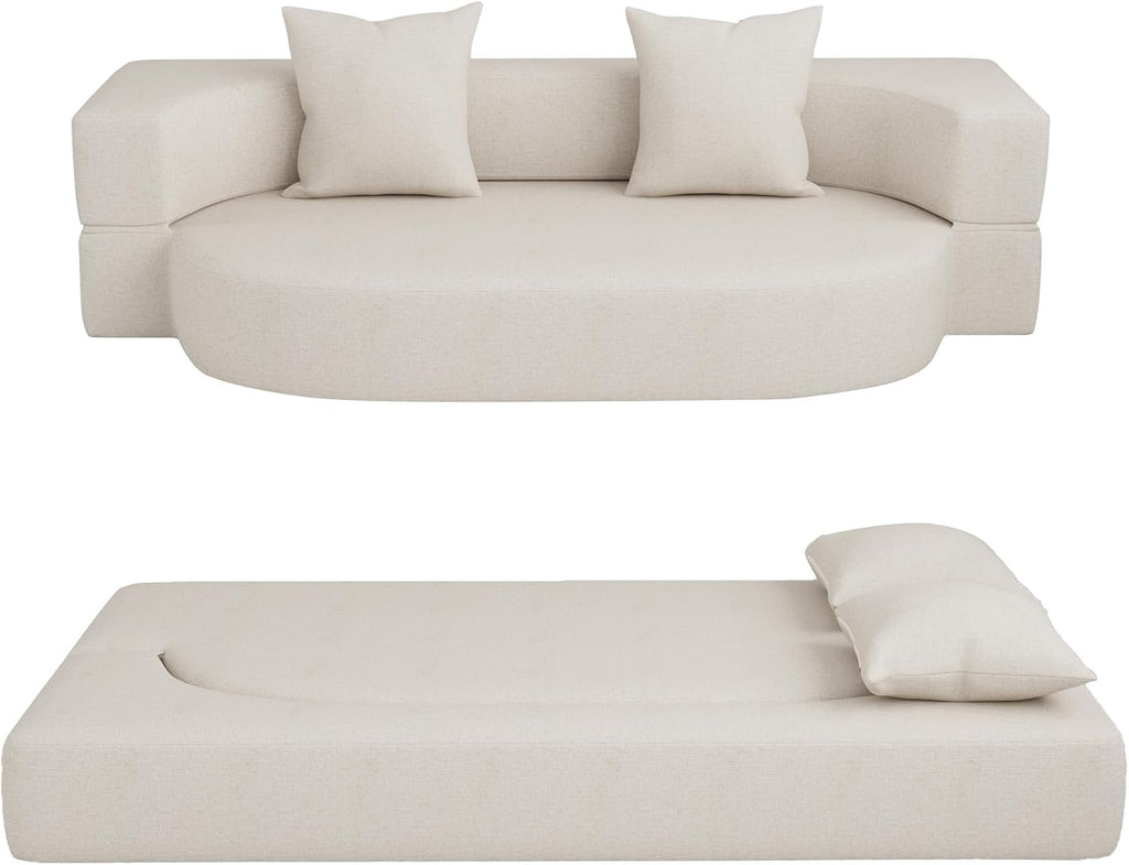 HENGJIANYI Folding Sofa Bed, Convertible Futon Sleeper Bed, 2-in-1 Foldable Floor Mattress, Breathable High-Density Foam Lazy Couch, Twin Size Comfy Lounge Chair with 2 Pillows, Beige