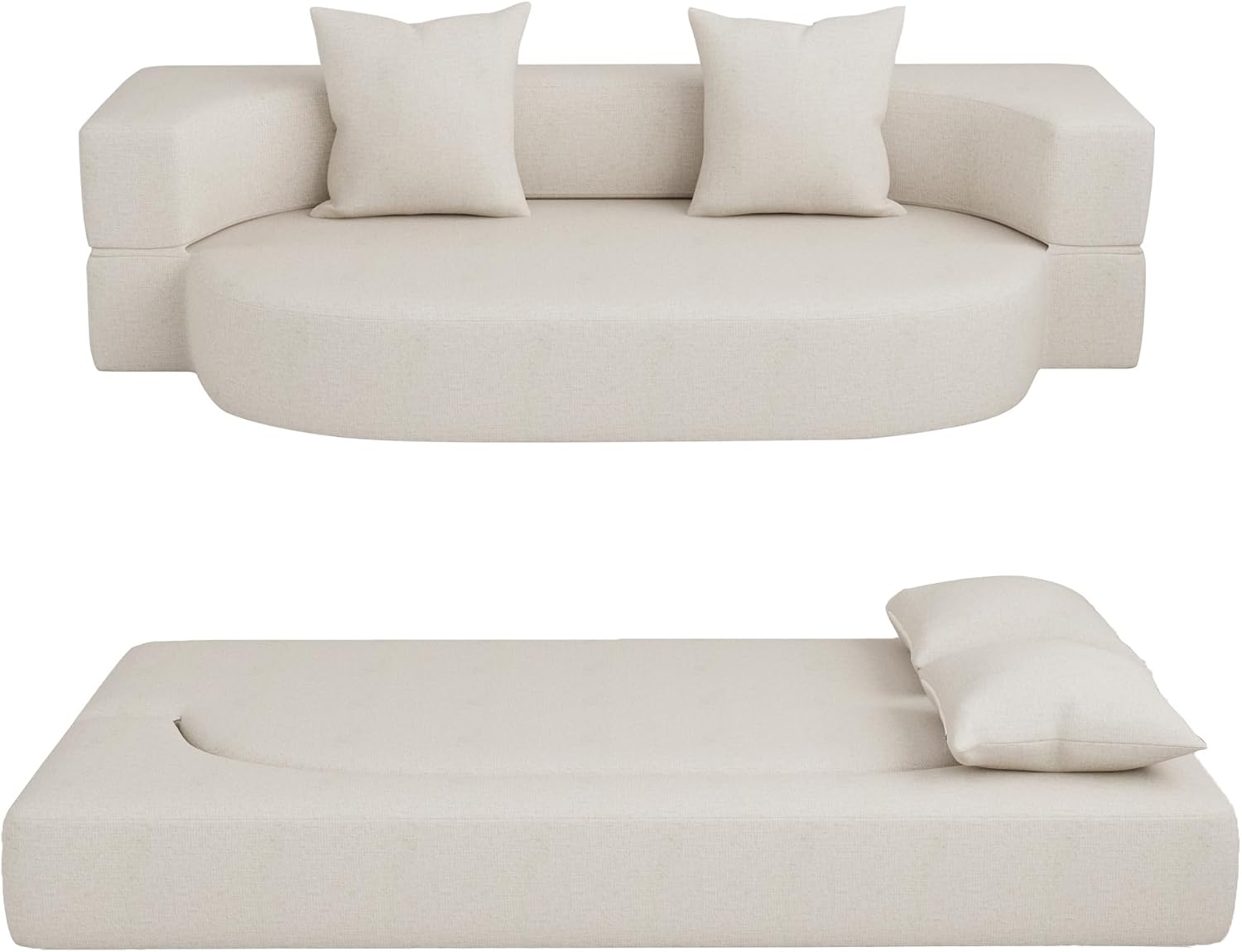 HENGJIANYI Folding Sofa Bed, Convertible Futon Sleeper Bed, 2-in-1 Foldable Floor Mattress, Breathable High-Density Foam Lazy Couch, Twin Size Comfy Lounge Chair with 2 Pillows, Beige