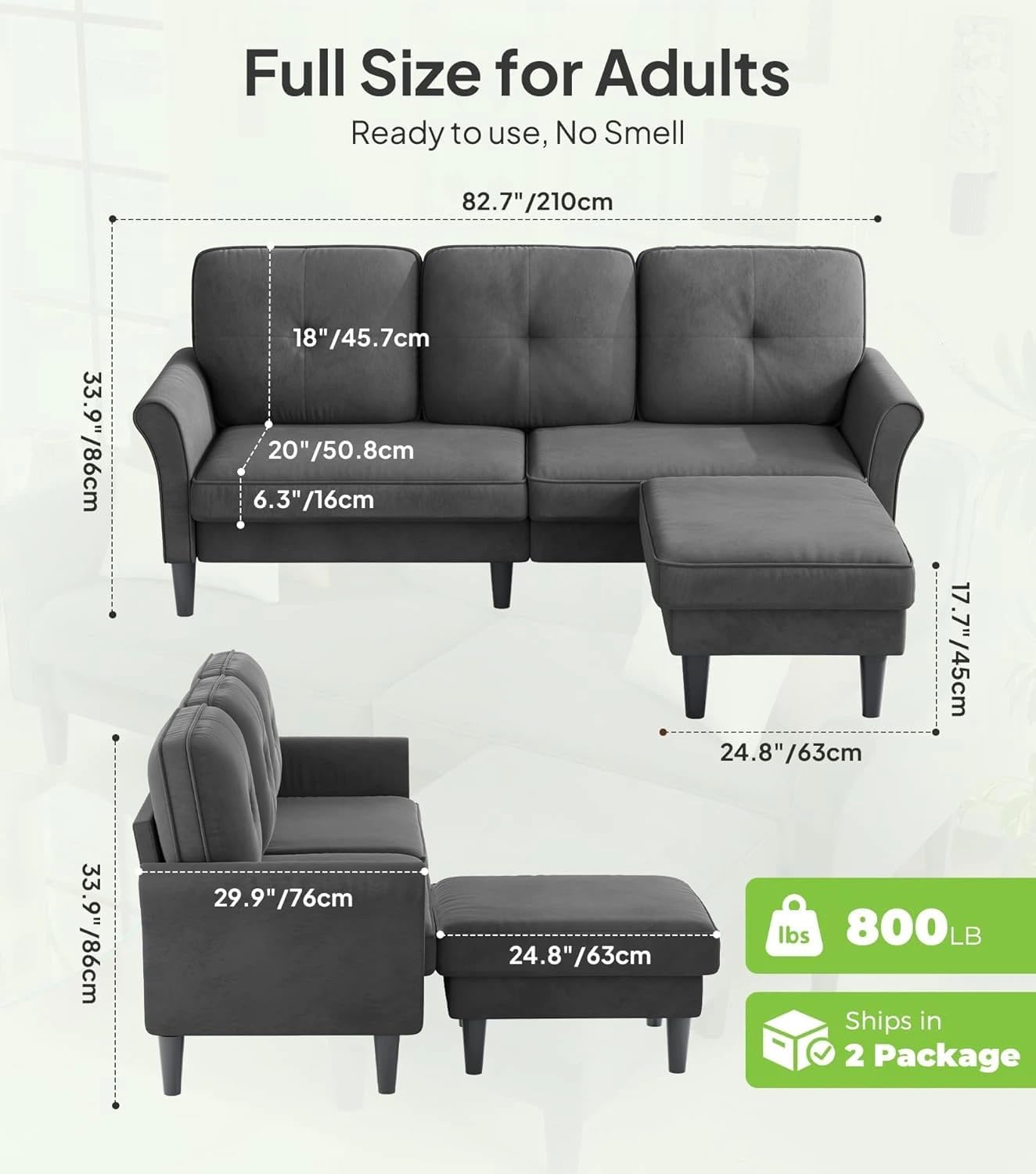 Welzona Sofas for Living Room, 83' Velvet Sectional Couch with Moveable Ottoman, Midcentury Modern Small Sectional Couch, L Shape Sofa & 2 Seater, Couches for Living Room, Apartment, Bedroom