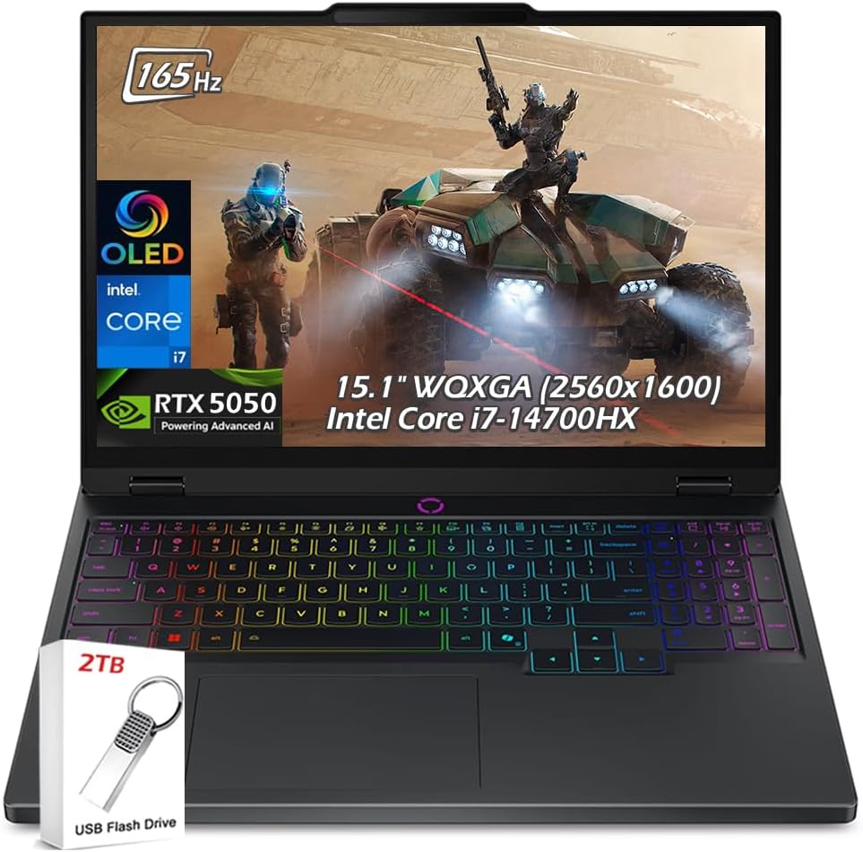 Lenovo Legion 5 15.1' WQXGA 165Hz Gaming Laptop, GeForce RTX 5050 8GB GDDR7, Intel i7-14700HX, 32GB DDR5, 2TB SSD, Backlit Keyboard, 5.0MP Camera, Wi-Fi 7, Win11, Black, w/2TB USB Drive, W/GaLiMu