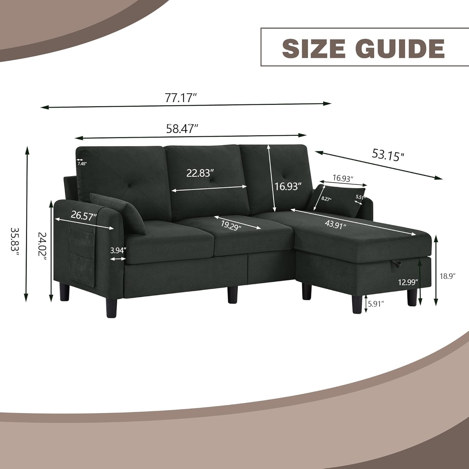 Convertible Sectional Sofa, 77' Small L Shaped 3 Seat Couch with Reversible Storage Chaise, Modern Polyester Fabric Sofa Couches for Living Room, Apartment and Small Space, Black