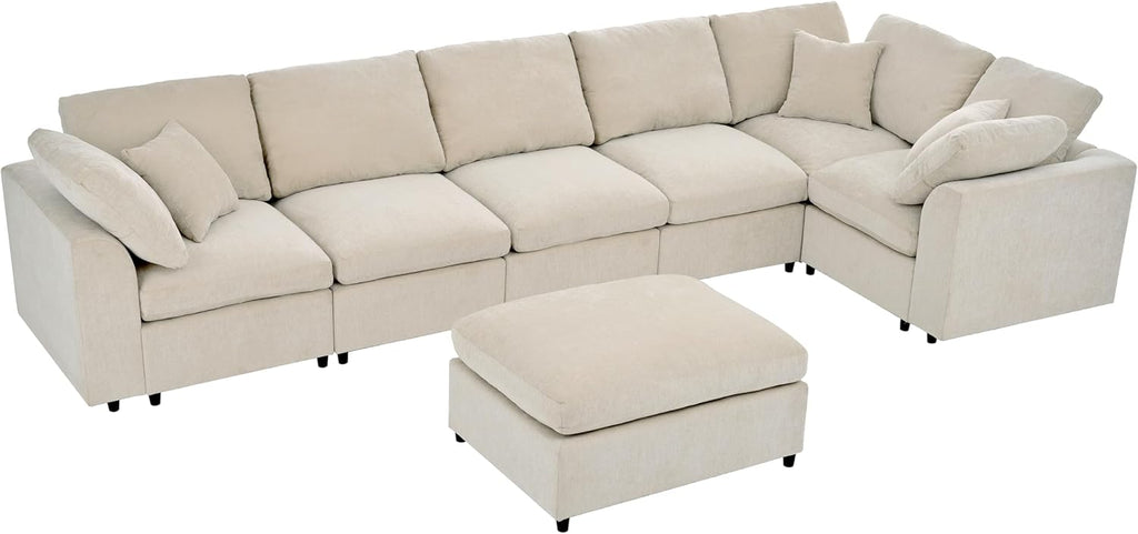 124.8' W Large Modular Sectional Sofa L Shaped Modern Couch with Ottoman, Deep Seat and Wide Chaise for Living Room, Beige
