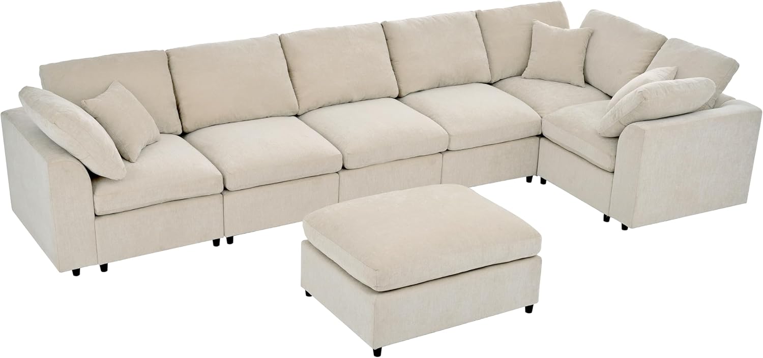124.8' W Large Modular Sectional Sofa L Shaped Modern Couch with Ottoman, Deep Seat and Wide Chaise for Living Room, Beige